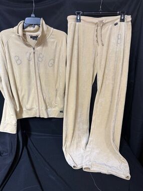 BCBG Beige Velour Zip Jacket and Drawstring Pants Set